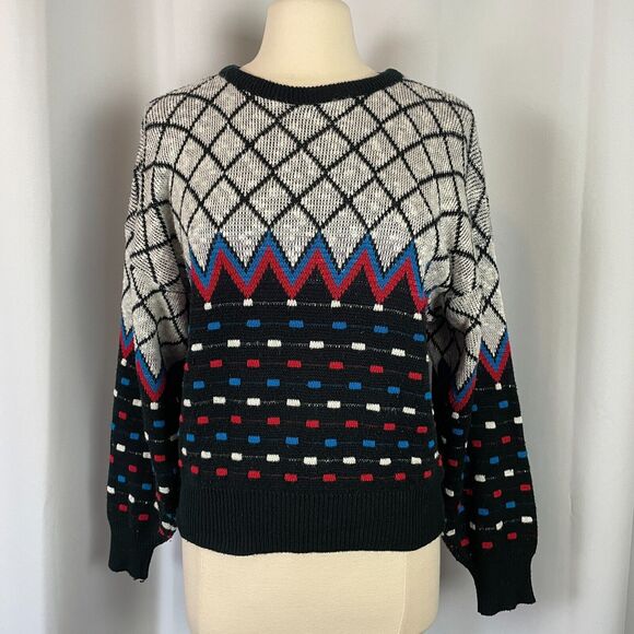 Vintage Sweater Size Petite Medium MP Black White Knit Retro Print 80s Pullover - Picture 1 of 15